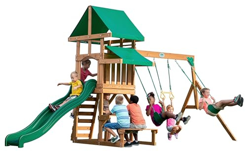 Backyard Discovery Belmont Cedar Wood Swing Set with Wave Slide, Play Deck, Rock Wall Ladder, Snack Bar Window, Shaded Picnic Area, Bench, Belt Swings, Trapeze, Sandbox Area, Canopy, Outdoor Playset