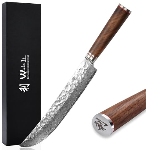 Wakoli Nussbaum Premium Tranchier- & Fleischmesser mit 25 cm Klinge gefertigt aus 67 Lagen echtem Damaststahl mit Nussbaumholzgriff I Damastmesser Küchenmesser und Profi Kochmesser