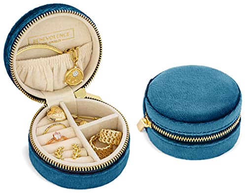 Benevolence LA Velvet Travel Jewelry Box for Women – Compact Round Zipper Case for Rings, Earrings & Necklaces – Small Portable Organizer & Giftable Storage – Ocean Blue