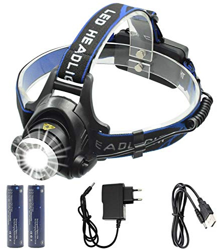 WASAGA Linterna Frontal, 2000 lúmenes 5000 lúmenes Zoomable Recargable a Prueba de Agua LED Ajustable Faro Faro Linterna Correr, pasear al Perro, Acampar, Leer (2000 Lúmenes)