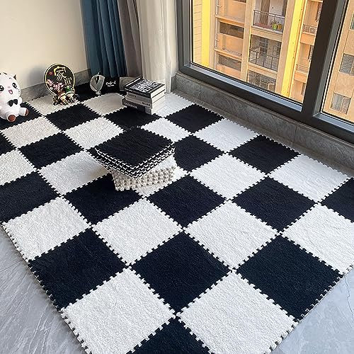 10 Stück 12x12 Plüsch-Puzzle-Schaumstoff-Bodenmatte Mit Rand, Quadratischer, Ineinandergreifender Teppich, Flauschiger Teppich, rutschfeste Spielmatte Für Wohnzimmer Und(Color:Black+White)