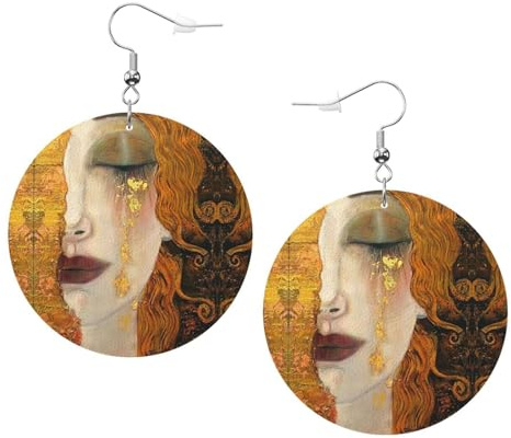 ALTCIRNMD Boucles d'oreilles Rondes en Cuir, Grandes Boucles d'oreilles Rétro Personnalisées, Bijoux Imprimés des Deux Côtés en Bois Van Gogh Art Klimt Peinture À l'huile Texturée, Boucles d'oreille