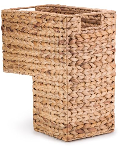 Woodluv L-Shape Woven Water Hyacinth Large Step Basket With Inset Handles, For Stairs, Storage Organiser For Laundry, Accessories, Tidy Basket Bin For Toys, Household Items, Natural, 38 x 20 x 40 cm