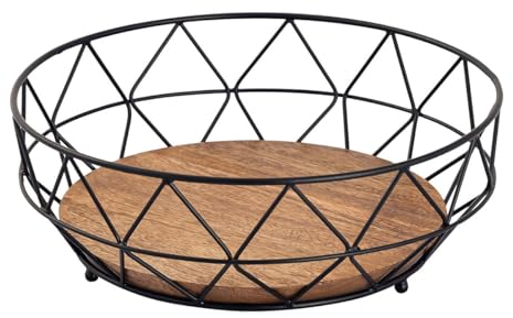 Amago home Obstschale Decokorb Brotkorb rund ø 28 cm H 10 cm Metall schwarz mit Holzboden massiv