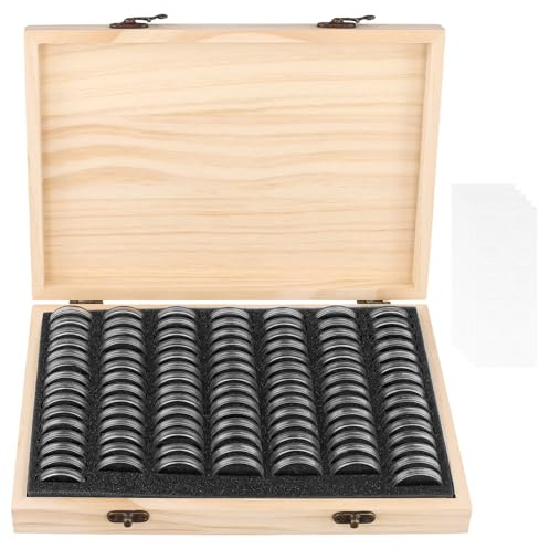 ZOENHOU 100 st mynthållare i trä, myntlåda med runda genomskinliga myntkapslar, myntförvaringsfodral i plast för myntsamlare 18 mm/21 mm/25 mm/27 mm/30 mm, Trä, Klassiskt