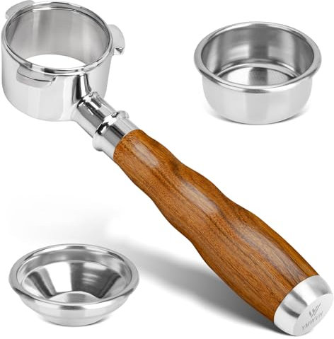 54mm Bottomless Portafilter 3 Ear with 2 Filter Baskets(Single+Double Shots),100% Stainless Steel Portafilter,Fits Breville Espresso Barista Series BES870/878/880 Machine, Walnut Handle