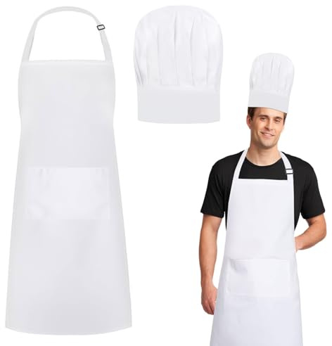 CAINCAY Chef Apron and Hat Set, Chef Apron Hat Set Waterproof White Apron with 2 Pockets Adjustable Bib Apron, Chef Bakers Apron Cooking Aprons Solid Chef Apron for Men Women