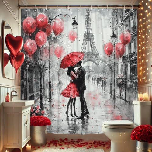Cortina de ducha romántica, cortina de ducha con diseño de paraguas rojo París Love para decoración de baño, día de San Valentín, moderno juego de cortina de ducha de tela impermeable con ganchos, 72