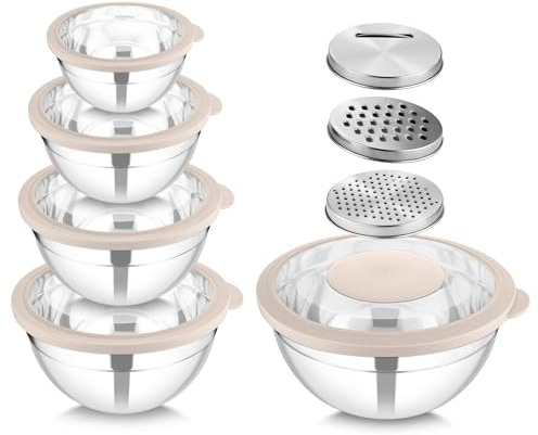 HaWare Set di 5 ciotole per mescolare con coperchi, in acciaio inox, per cucina, 3 grattugie, coperchi trasparenti, ermetiche per la preparazione degli alimenti, la cottura e la conservazione (4,6/2,8