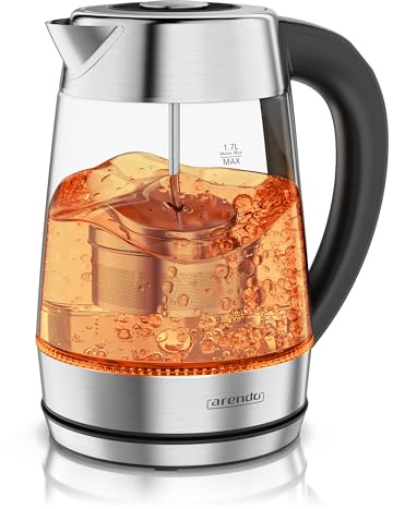 Arendo - 2in1 Glas Wasserkocher und Teekocher mit Temperatureinstellung – 1,7 Liter – Teesieb – Glas und Edelstahl – 5 Temperaturen – temperaturabhängige LED-Darstellung – Warmhalten bis zu 2 Stunden