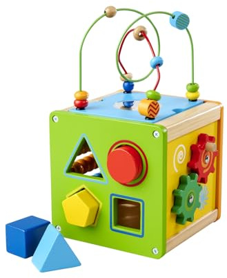 Eichhorn Petit Cube de Jeu et d'apprentissage - Jouet motricité avec Fonction rotative et coulissante, Boucle de motricité et Miroir, en Bouleau, Bois de hêtre et contreplaqué certifié FSC, 15 x 15 x
