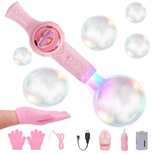 Smoke Bubble Machine, Magic Elastic Bubbles Fog Wand with Colorful Lights & Music, Interactive Elastic Bubbles Game, Rechargeable Bubble Blowing Machine for Birthday Party Outdoor