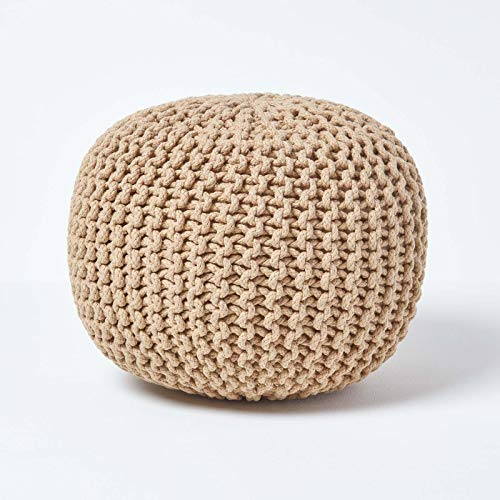 HOMESCAPES Pouf rotondo intrecciato in cotone, pouf lavorato a maglia, colore beige, 40 x 35 cm