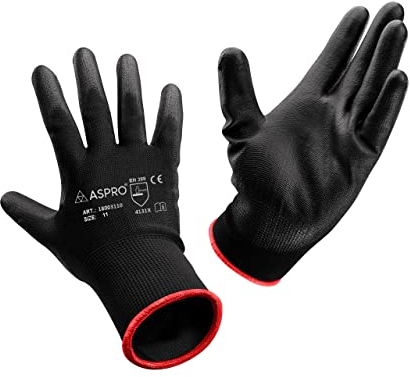 ASPRO Arbeitshandschuhe 10 Paar Größe 11 (XXL)- Gartenhandschuhe-Schwarze Nylon-Handschuhe mit PU-Beschichtung für Bauarbeiter, Gärtner, Mechaniker, Bauarbeiter, Lagerarbeiter etc.