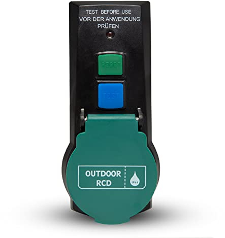 Personenschutz Zwischenstecker | FI Schutzschalter 2 Polig f. Lasten bis 3600Watt | Schutzkontakt Adapter Steckdose zum Schutz vor Stromschlägen | IP44-Auseneinsatz