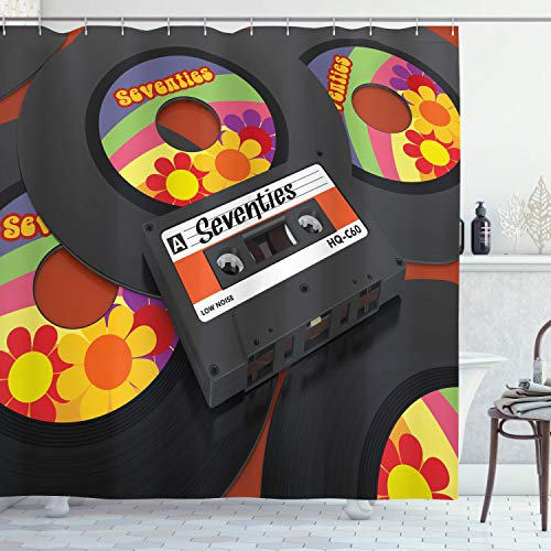 ABAKUHAUS Festa anni '70 Tenda da Doccia, 70 Cassette in vinile, Tessuto Set di Decorazioni per il Bagno con Ganci, per la vasca da bagno, 175 cm x 200 cm, Giallo
