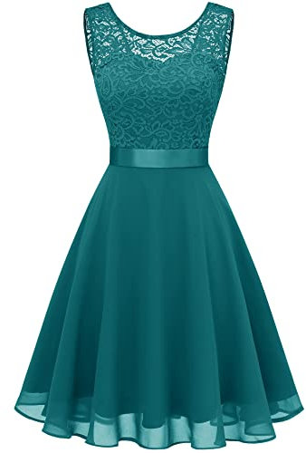 BeryLove Women's Short Floral Lace Bridesmaid Vintage Cocktail Party Swing Dress, Peacock Green Short, XXL