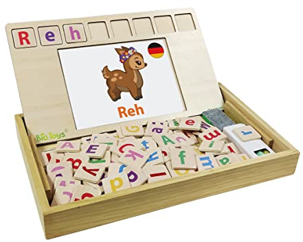 Lexibook, Bio Toys, Wortschule, Zweisprachig deutsch/englisch, Holzspiel, 50 Wortkarten, Alphabet, Lernspiel, EDU100i3