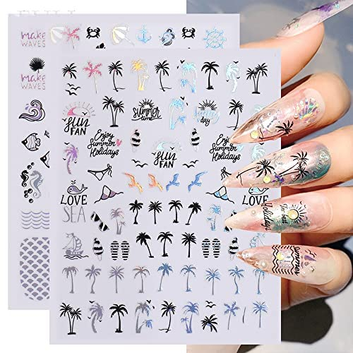 Black Gold Leaves Nails Art Sticker Coconut Tree Transfer Paper Palm Tree Design Nail Stickers Tropical Style 3D Manicure Nail Art Decoration Nail Water Decals Summer Theme (2Stk. Laser Ozean)