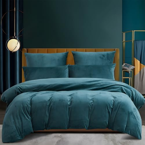 Luowei Ropa de cama cálida de 135 x 200 cm, color azul petróleo, para invierno, de felpa, de forro polar, funda de edredón y funda de almohada de 80 x 80 cm, con cremallera