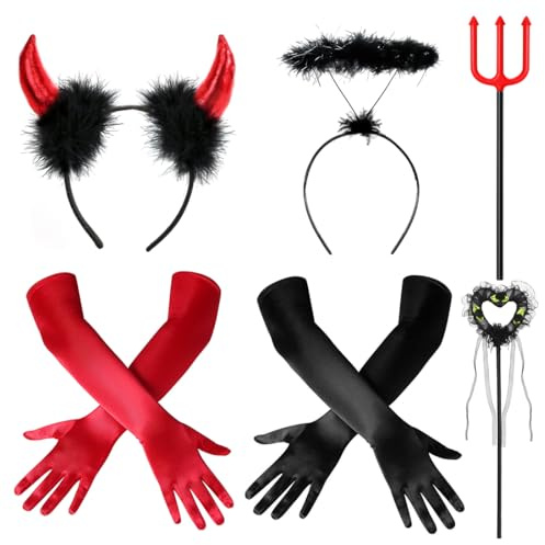 Sprinlot Långa handskar, dam, djävulshandskar, hårband treuddsset, 1920-tals kostym tillbehör damer, tillbehör, handskar, kostym för karneval, fest, cosplay, röd svart, One size