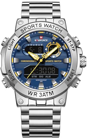 NAVIFORCE Orologi analogici da uomo al quarzo digitale di lusso in acciaio inox impermeabile cronografo militare multifunzionale, Blu argento., Bracciale