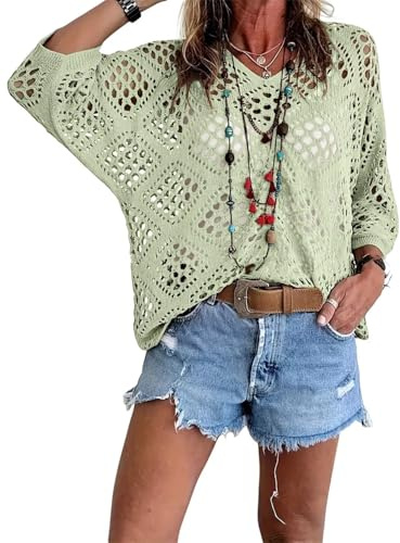 Allimy - Jersey de crochet de manga larga para mujer, top de verano, sexy, como salida de playa, para cruceros, colección 2026