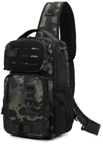 Explokit Sac de Pêche Tactique Petit Militaire à Bandoulière de Poitrine à Sangle Unique MOLLE Dos d'Épaule à Dos pour la Randonnée le Cyclisme les Voyages et le Travail (Noir Camouflage)