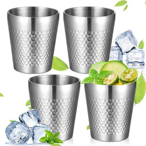 BORDEAG 4 vasos de acero inoxidable, 300 ml, vasos de agua de acero inoxidable, vasos apilables de metal, sin asa, para casa, oficina, fiesta, exterior (plata)
