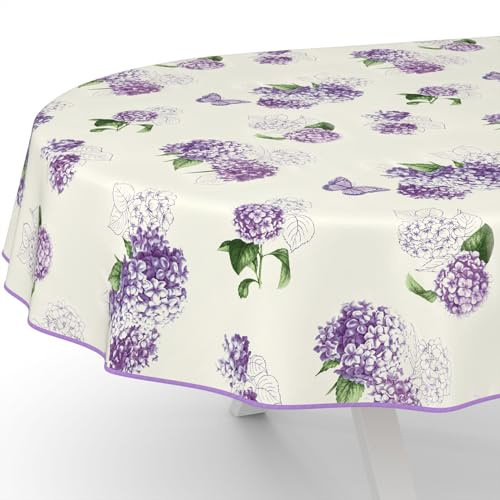 ANRO Nappe en toile cirée lavable, pour table de jardin, de forme ronde, ovale ou rectangulaire, ovale, 180 x 140 cm, avec ourlet (bordée), fleurs lilas