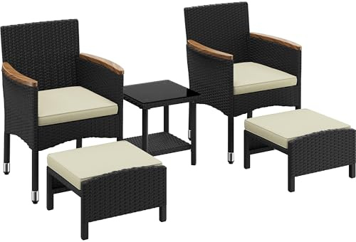Yaheetech 5-Piece Garden Patio Furniture, Wicker Balcony Set, Black/Beige | PE Rattan Conversation Set | Cushionsed Chair with Tempered Glass Table & Ottomans | For Balcony, Yard & Lawn