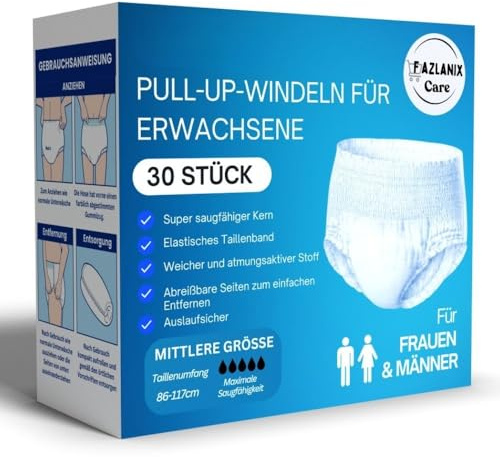 Pull-Up Einweg-Inkontinenzhosen für Erwachsene, Größe M (86–117 cm), 30 Stück – Elastischer Bund, komfortabler Schutz für den Alltag bei leichter bis mittlerer Blasenschwäche