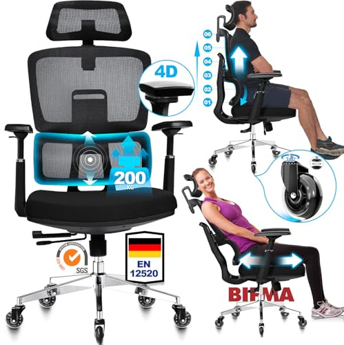 MELOKEA Silla de oficina 200 kg, Ruedas de goma, Apoyabrazos 4D, Respaldo y profundidad ajustables, Bloqueo 4P, Cojín de asiento elástico, Silla ergonómica de escritorio reforzada, Sillas para oficina