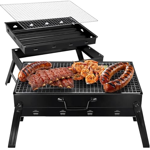 KRUMAD Camping Grill Klappbar, tragbarer Holzkohlegrill 38,5x27 cm, Tischgrill für Campingküche & Outdoor, Mini Kohlegrill faltbar mit Grillrost, ideal für BBQ, Reisen, Picknick, Balkon