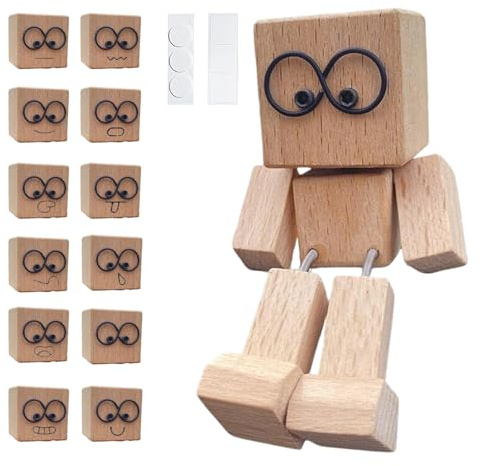 TELAOBAN Figurine en Bois Qui Bouge, Figurine de décoration de Voiture avec 12 Expressions faciales magnétiques, Bonhomme en Bois vacillant