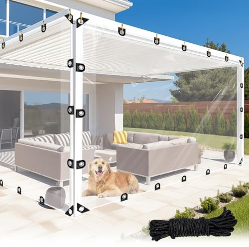 LC&QS 6x8ft Thicken Waterproof Clear Tarp - Anti-Tear Windproof Garden Transparent Poly Tarpaulin, Snowproof PE Tarp with Grommets for Winter Greenhouse Patio Enclosure Chicken Coop.