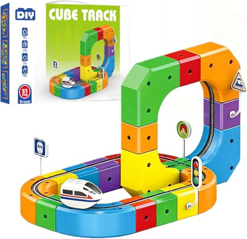 Clickrail Electric Train Set, DIY Cube Track, Cubix 3D Tren Magnetico Juguete con Gravedad Defying, Klickrail Block Bloques Mágicos y Tren Motorizado, Trens Eléctrico Regalo para Niños (51 Piezas)
