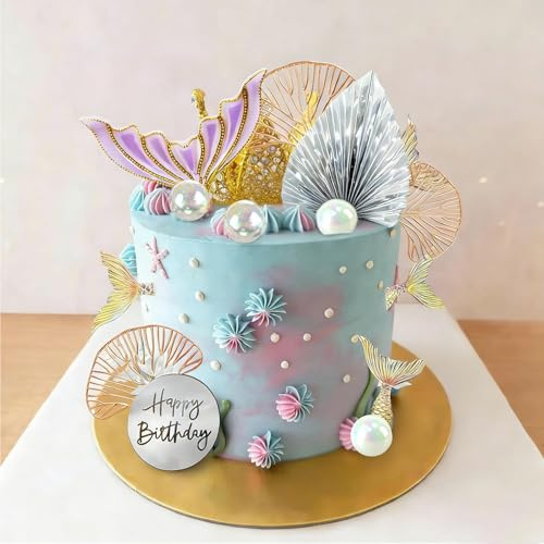 LIULINY 26 Piezas Decoración para Tartas de Sirena, DIY Decoración de Pastel de Sirena con Cola, Perla Reutilizables Adornos para Tartas Bajo el mar para Niños Cumpleaños Tema Party Decorations