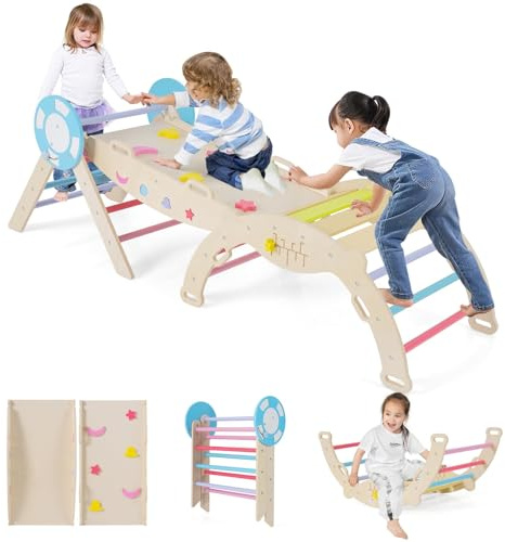 FANTASK Arco de escalada 7 en 1 para interiores, juego de 3 unidades con tobogán, arco de escalada, incluye rampa de doble cara y juego de bloques de construcción, triángulo de escalada de madera para