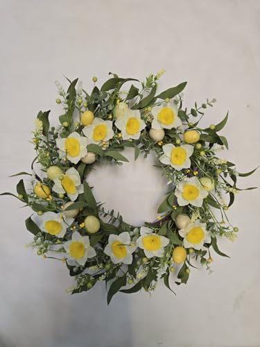 NeoL'artes 22inch Large Spring Wreath with Daffodil and Easter Eggs, 55cm Artificial Door Grapevine Wreath for Spring and Summer Indoor Outdoor Porch