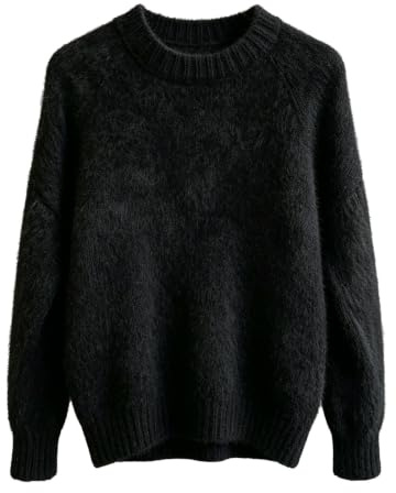 Suéter de punto esponjoso con cuello redondo para mujer, de manga larga, color liso | Blusa ligera y relajada para mujer, versátil, para otoño e invierno, para uso diario en la oficina