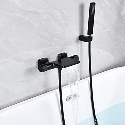 SJQKA-Badewannenarmatur Wasserfall Badewanne Wasserhahn Alle Kupfer Wand Wasserfall Dusche Heiße Und Kalte Badewanne Wasserhahn (schwarz+Hand dusche)