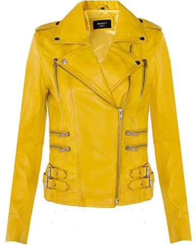 Infinity Leather Giacca da Moto Giallo retrò in Pelle 100% Nappa da Donna L
