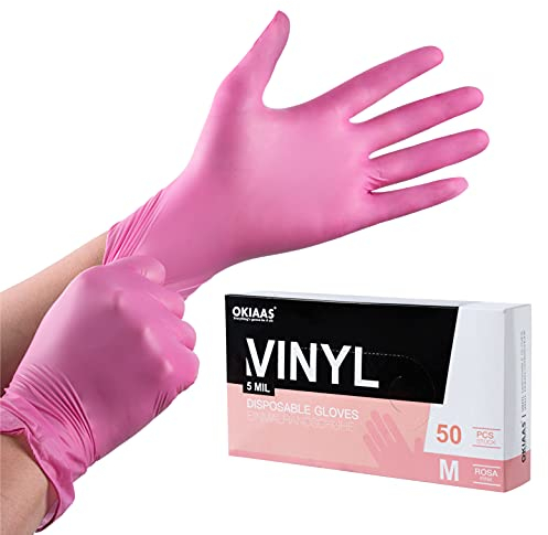 OKIAAS Lot de 50 gants jetables en vinyle sans latex pour la maison, la manipulation des aliments, le travail de laboratoire et plus encore Rose Taille M
