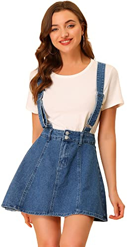 Allegra K Women's Denim Skirt Overall Adjustable Strap Braces Mini Suspender Washed Jean Skirts, M Blue, M