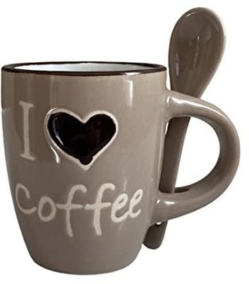 generico TAZZINA CAFFE’, IN CERAMICA CON CUCCHIAINO INTEGRATO, CON SCRITTA “I LOVE COFFEE”, ALTEZZA 6.5CM, CAPIENZA 65 ML. (Bianco_tortora)
