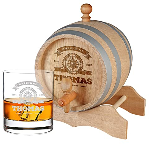 2-TLG Whisky Set mit Wunschgravur - Eichenfass 2000 ml mit Stopfen und Whiskyglas 320 ml - Naturprodukt Echtholz - perfekt zur Lagerung - wiederverwendbar - Motiv Original Exclusive