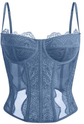 Dealmore Tops de corsé con tirantes de espagueti y malla de encaje para mujer, para una cita o salir por la noche de fiesta o a un club, Azul, M