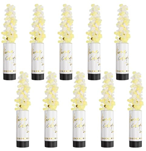DRERIO 10 Stück Konfettikanone Weiß Konfettiregen Hochzeit Party Poppers,konfettikanone hochzeit Gender Reveal Kanone,11cm mit drehbarem schwarzem Drehteller nach links für Weihnachten Jahrestag