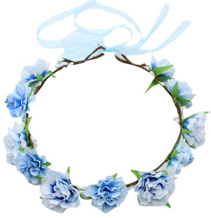 Bandeau de fleurs réglable pour mariée - Couronne florale bohème - Couronne de cheveux pour mariage - Couronne d'été - Plage - Avec ruban pour femmes et filles - Bleu